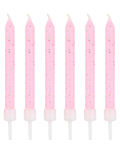 12 bougies à paillettes pour fête roses avec bobèches
