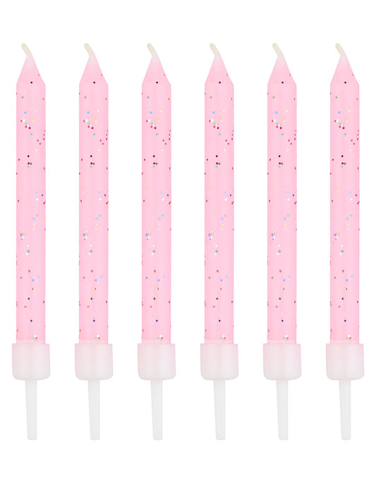12 bougies à paillettes pour fête roses avec bobèches