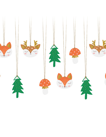 12 kartonskih etiket z motivom božičnega gozda, 7,5 x 8,5 cm cm z zlato vrvico