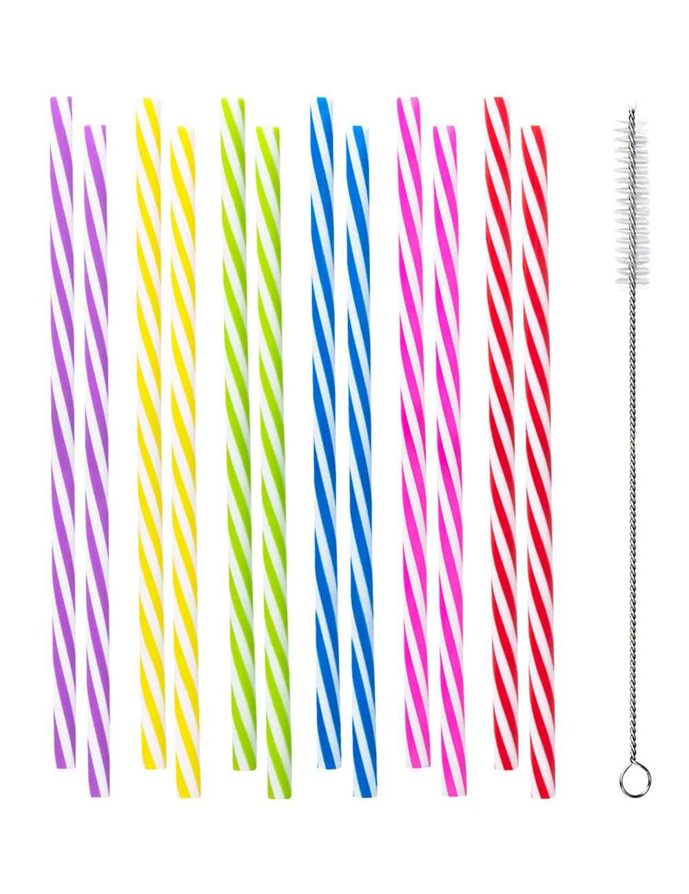 12 pailles en plastique réutilisable rayées pour fête multicolores avec goupillon de nettoyage