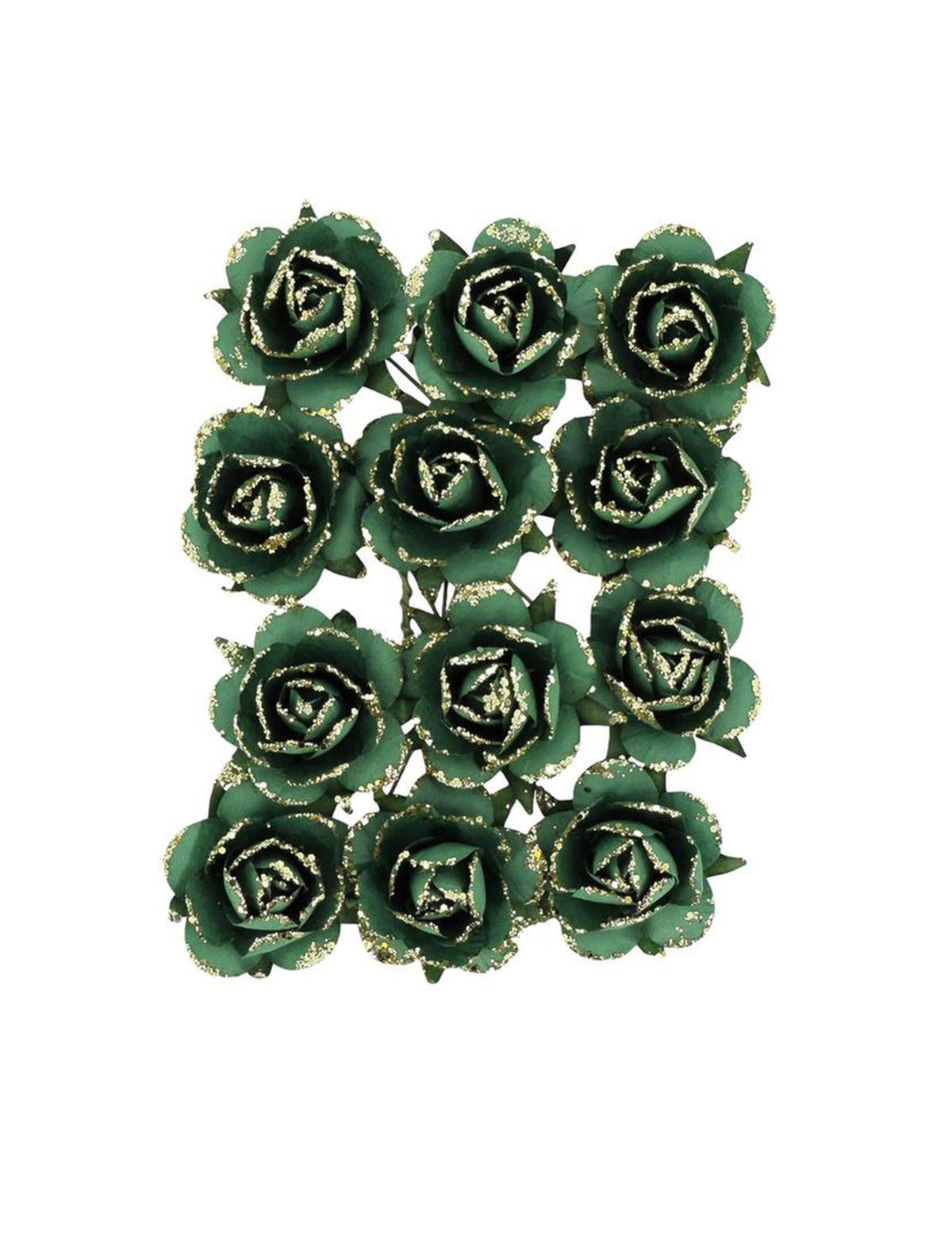12 roses en papier sur tige vert anglais et or 3,5 cm