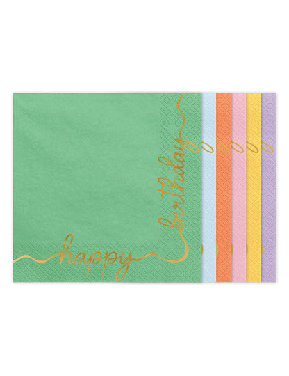 12 papirnatih serviet Happy Birthday, pastelne in zlate 33 × 33 cm