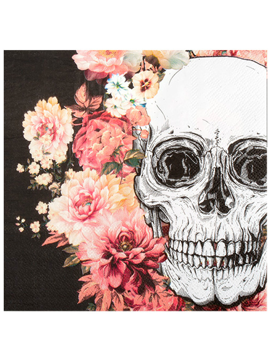 Serviettes en papier squelette fleuri pour décoration de table noires avec motif crâne et fleurs roses