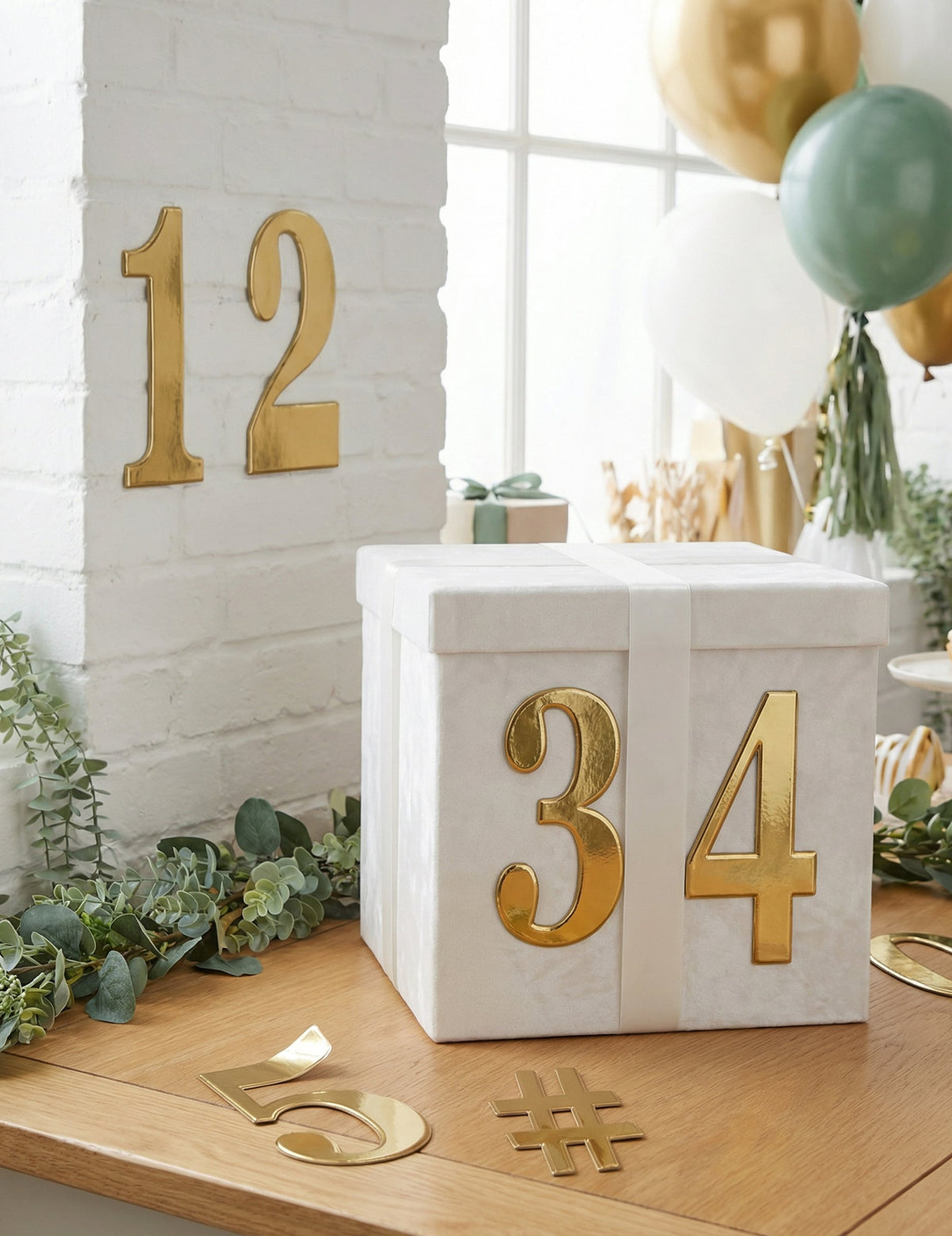 Mise en situation des stickers chiffres adhésifs d'anniversaire pour décoration de fête or