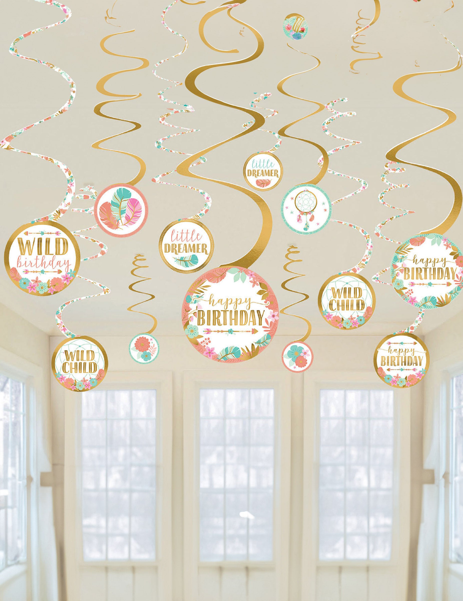 Suspensions à spirale anniversaire boho pour fête dorées et blanches avec motifs de plumes et fleurs