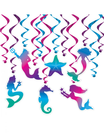 12 suspensions en spirales sirène mauves et bleues avec silhouettes dégradées