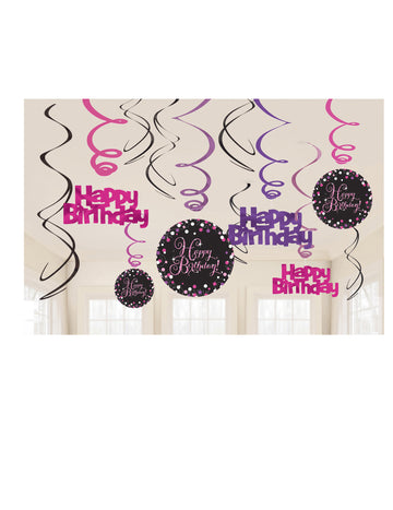 12 spiralnih kartonskih okraskov, peneče roza, za praznovanje rojstnega dne