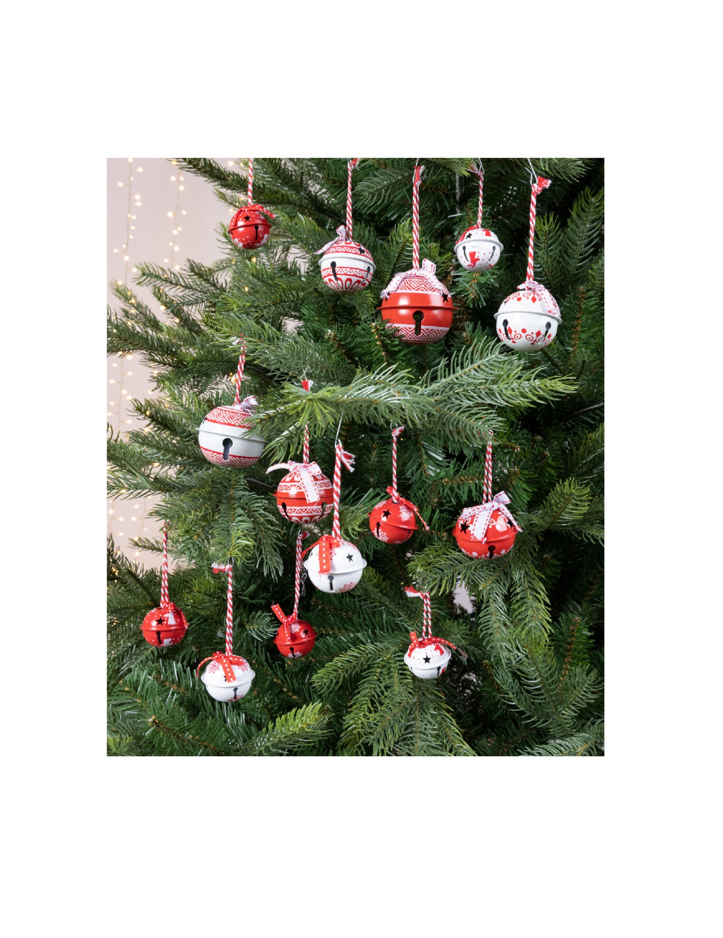 14 okraskov za božično drevo z belimi in rdečimi zvončki (velikosti od 4 do 6) cm z vozli