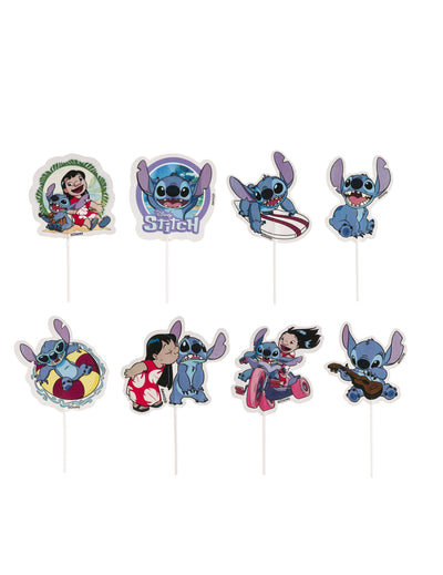 16 cake toppers en papier Stitch pour anniversaire bleu et multicolore
