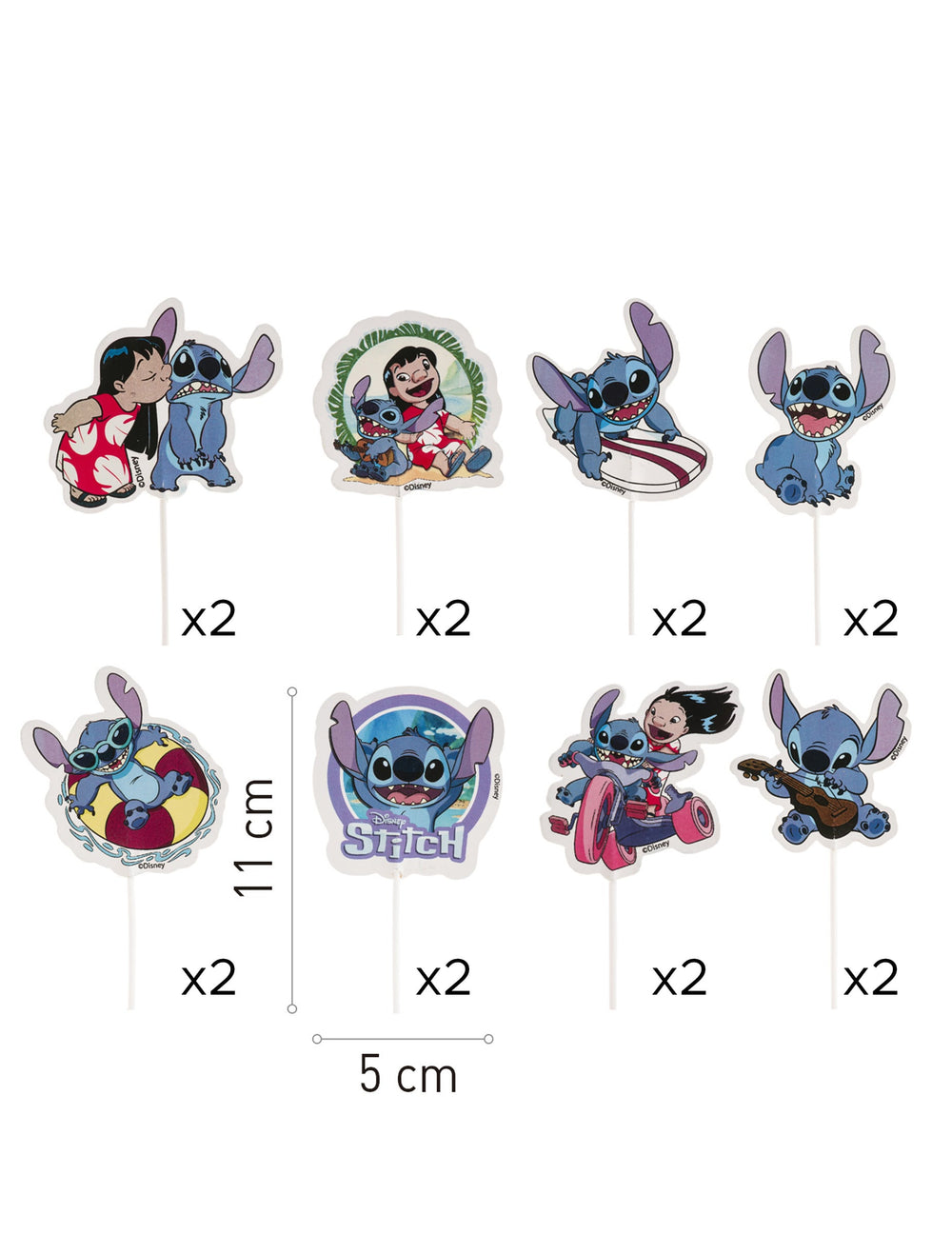 Détails des différents modèles et dimensions des 16 cake toppers en papier Stitch