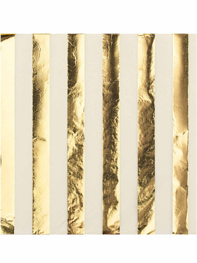16 serviettes en papier à rayures pour fête blanches et dorées