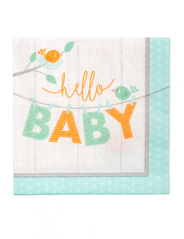 16 serviettes en papier hello baby bleu oiseaux baby shower
