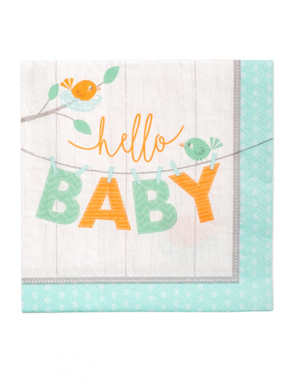 16 serviettes en papier hello baby bleu oiseaux baby shower