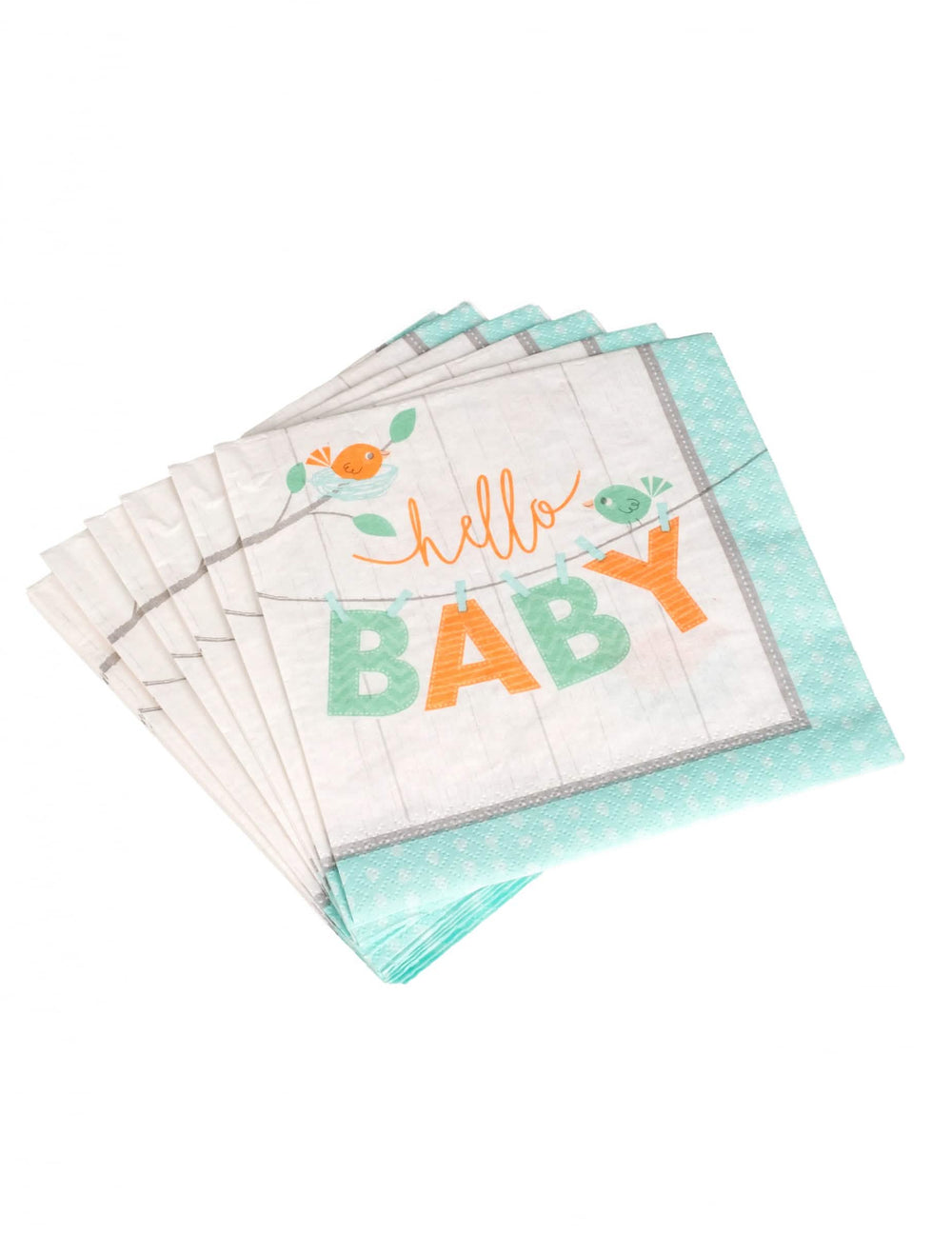 Pogled na več papirnatih prtičkov hello baby ptice za baby shower