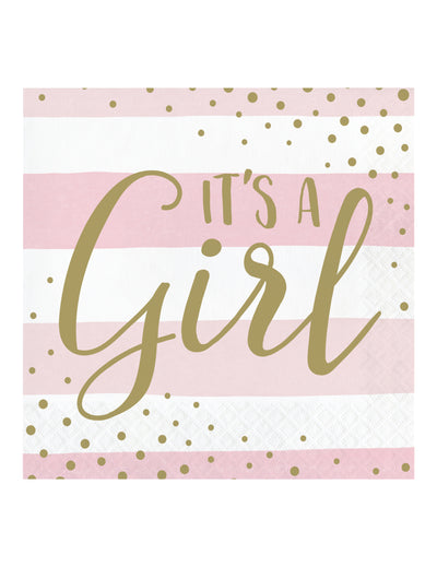 Serviettes en papier it's a girl pour baby shower rose et blanc avec pois dorés