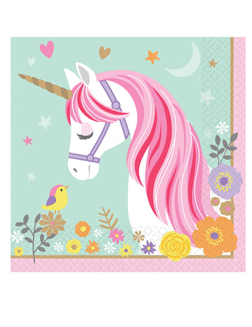 16 lepih roza in metinih papirnatih prtičkov z magičnim samorogom, 33 x 33 cm