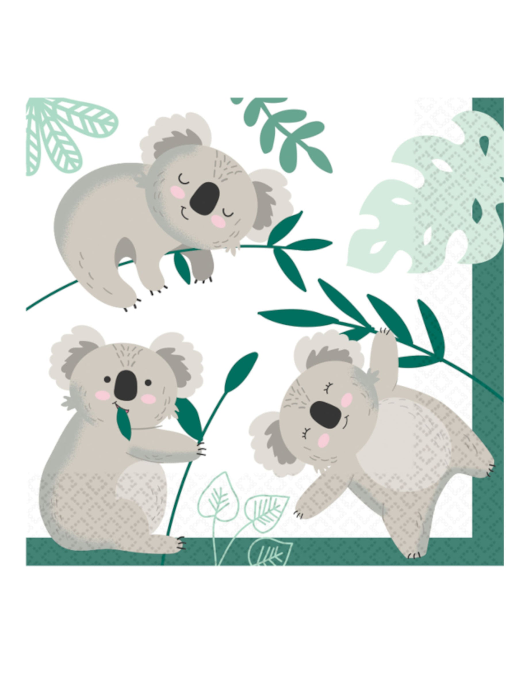 Serviettes en papier koala pour enfant décor eucalyptus vert et blanc
