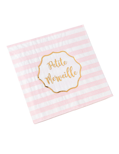 Serviettes en papier Petite Merveille pour fête rayées roses et dorées