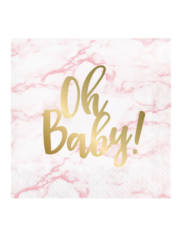 16 roza marmoriranih papirnatih prtičkov z zlatim potiskom "oh baby", 33 x 33 cm cm