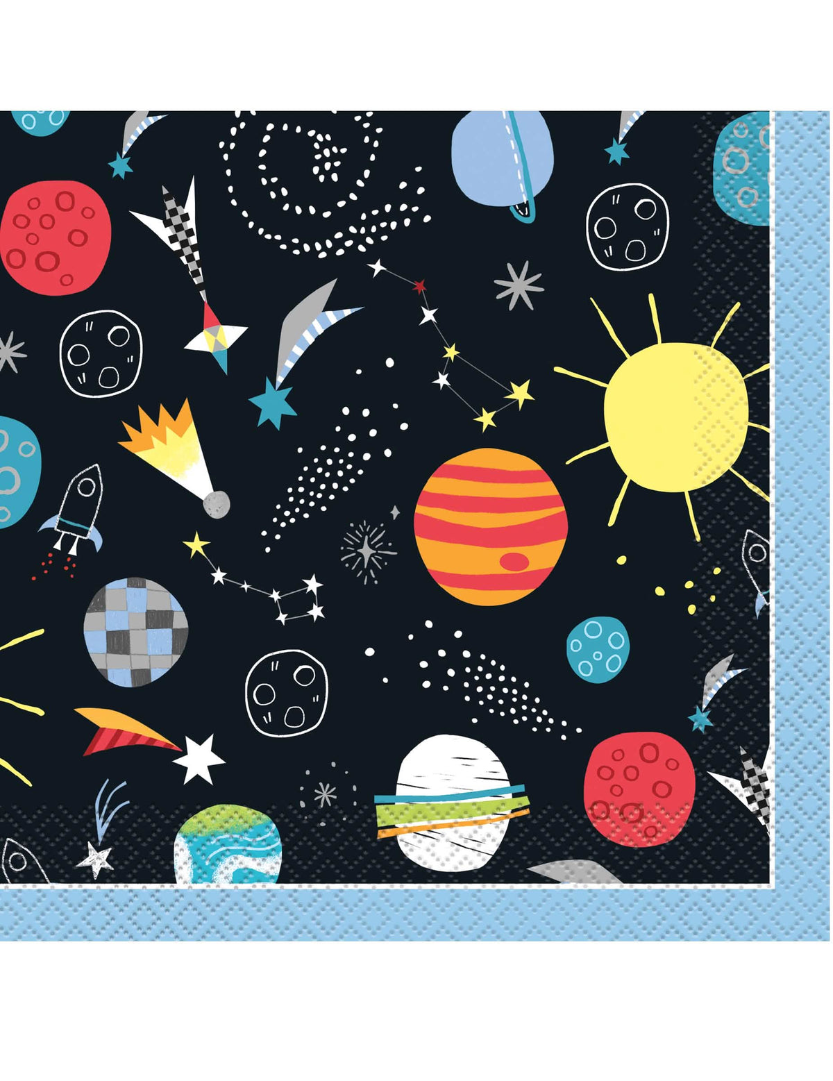univerzalni črni papirnati prtički z motivi planetov in raket