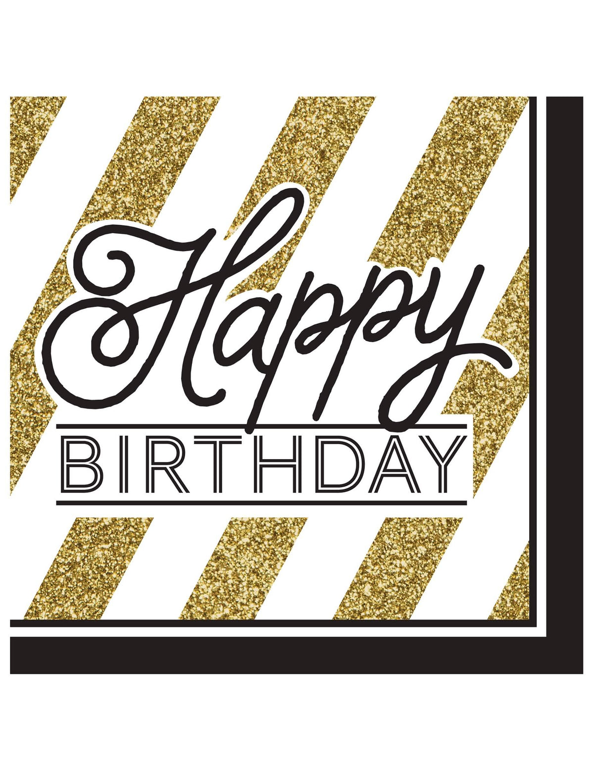 papirnati prtički Happy Birthday za rojstni dan črni in zlati s bleščečimi črtami
