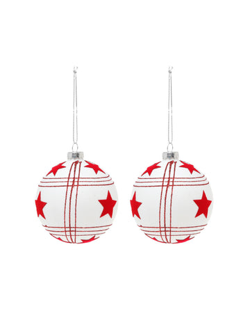 2 beli stekleni kroglici z rdečimi zvezdami 8 cm 