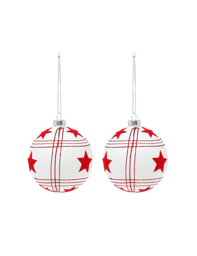 2 boules en verre de Noël avec étoiles rouges pour sapin blanches à motifs quadrillés