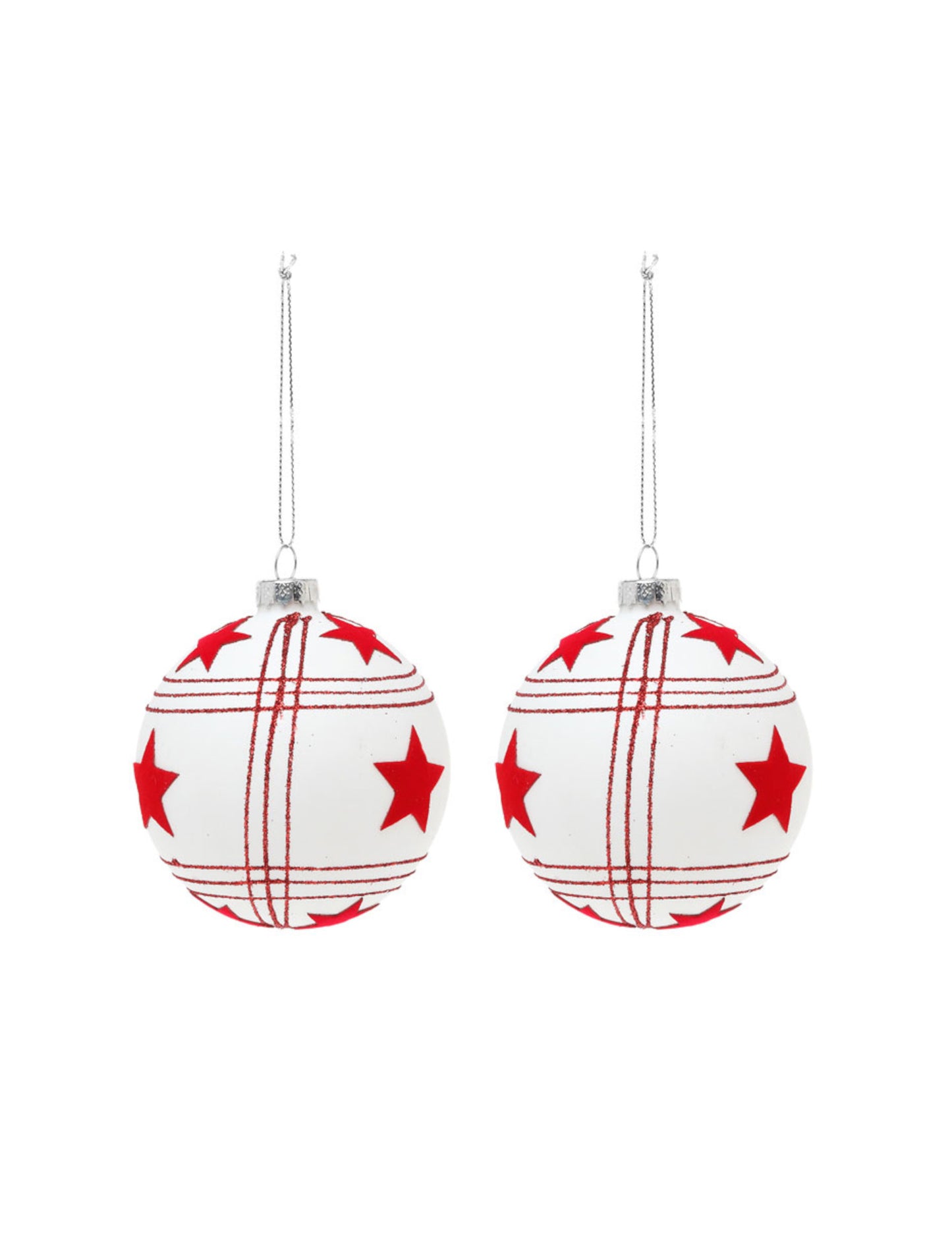 2 beli stekleni krogli z rdečimi zvezdicami 8 cm za jelko