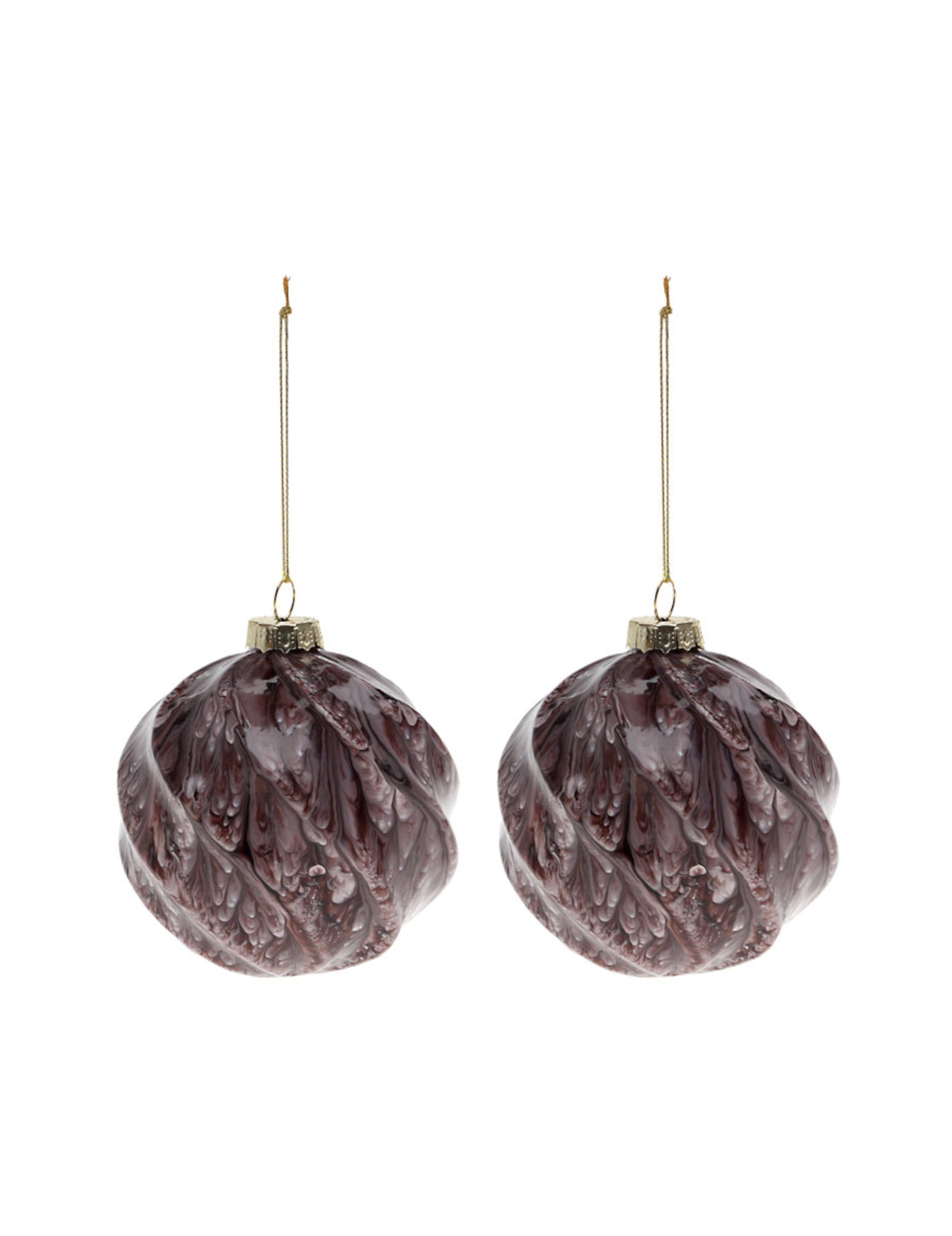 Lot de 2 boules en verre marbrées pour sapin de Noël marron effet écorce