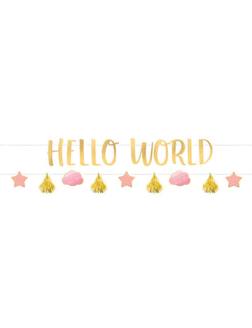 2 roza in zlati kartonski girlandi "Hello World", dolgi 1,77 m, za otroško zabavo