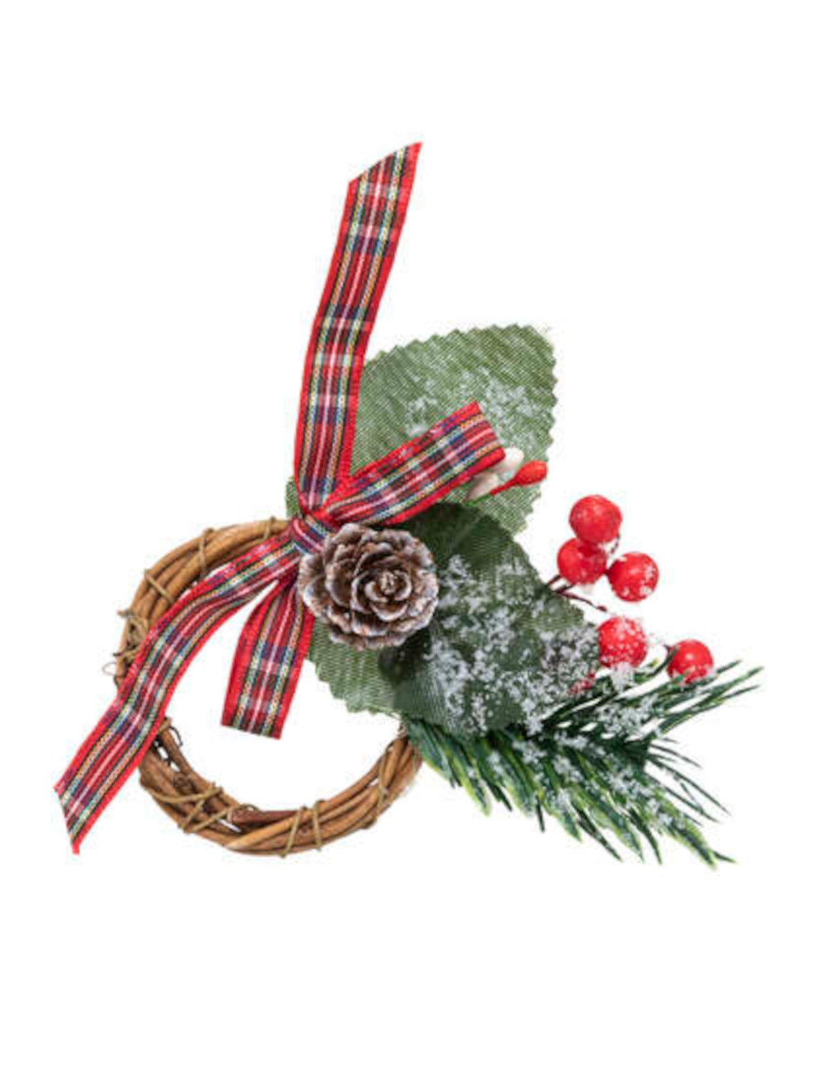 Rond de serviette Noël tradition pour décoration de table en osier avec nœud à carreaux et pomme de pin