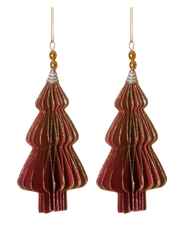 2 viseči okraski origami rdeča božična drevesca 13 cm 