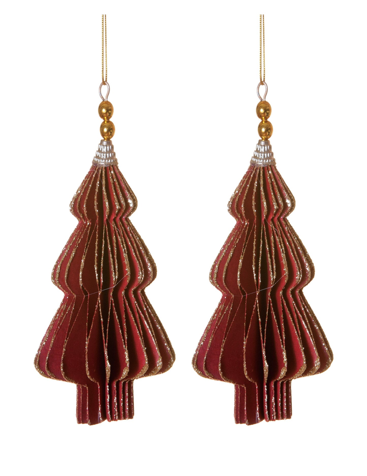 2 viseča okraska za rdečo jelko iz origami materiala 13 cm z zlatimi robovi