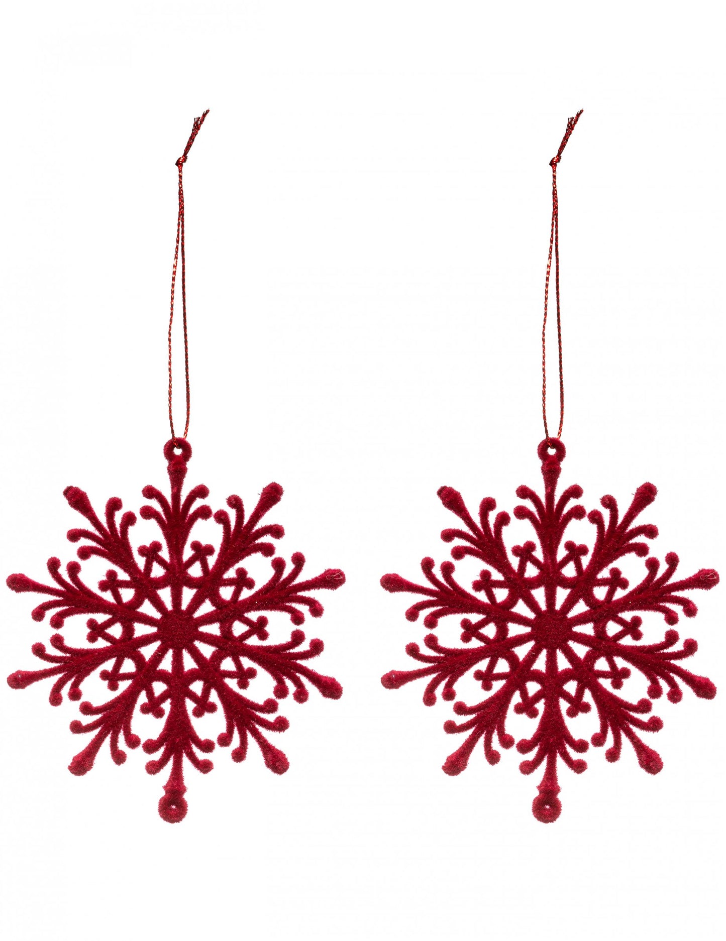 2 rdeči viseči lučki iz žameta z motivom snežinke 9,5 cm za božično drevo
