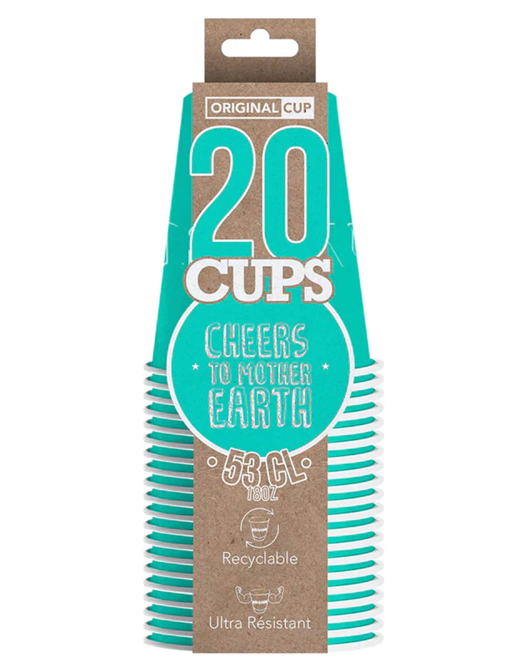 Vue du packaging des gobelets américains en carton recyclable pour fête turquoise