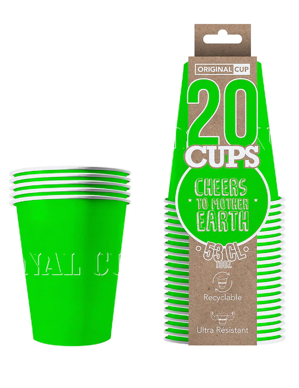 Détail de l'emballage des 20 gobelets américains en carton recyclable verts