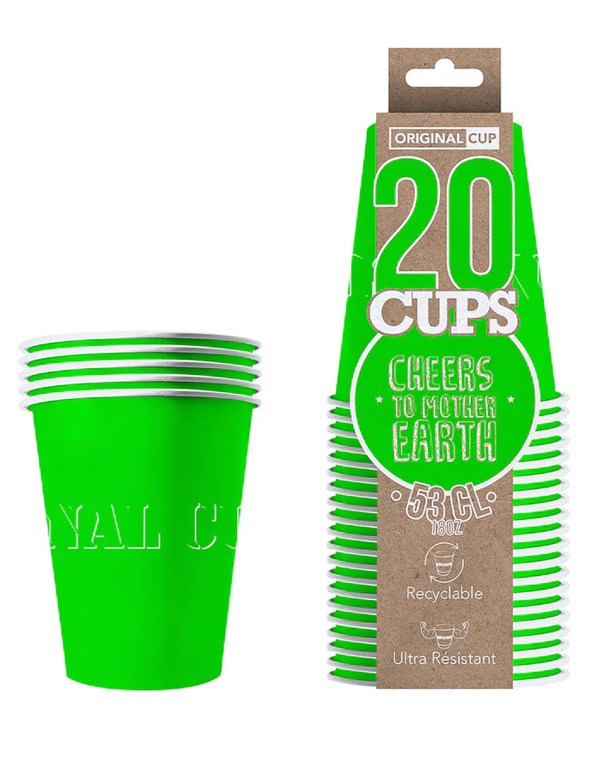 Détail de l'emballage des 20 gobelets américains en carton recyclable verts