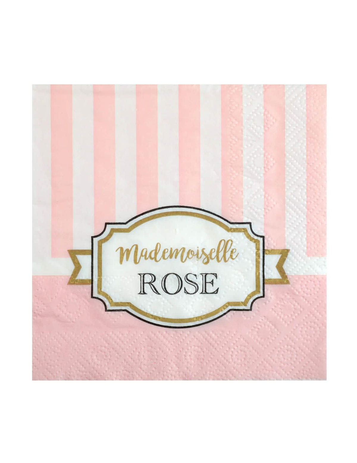 papirnati prtički Mademoiselle roza za baby shower roza z belimi črtami