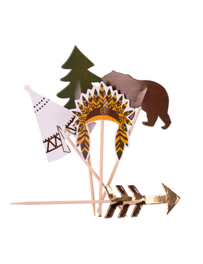 20 pics en bois indian forest avec dorure 12,5 cm pour gâteaux