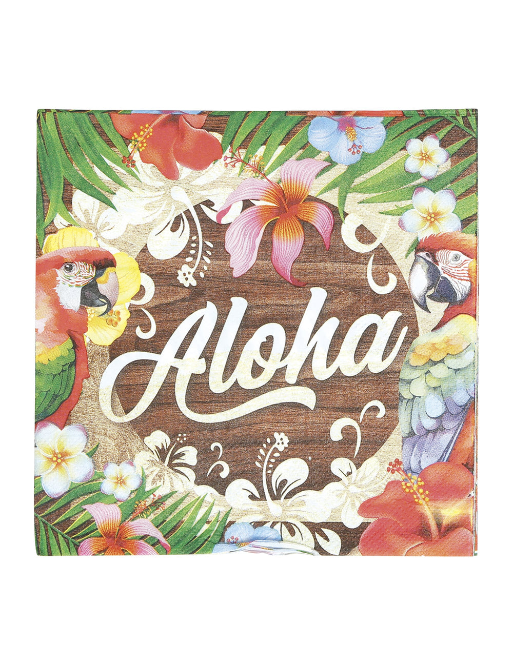 Serviettes Aloha Hawaï avec motifs tropicaux de perroquets et fleurs d'hibiscus sur fond bois