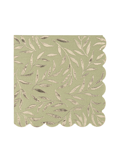 20 papirnatih koktajl prtičkov v žajbljevo zeleni in zlati barvi, 24 x 24 cm z nazobčanimi robovi