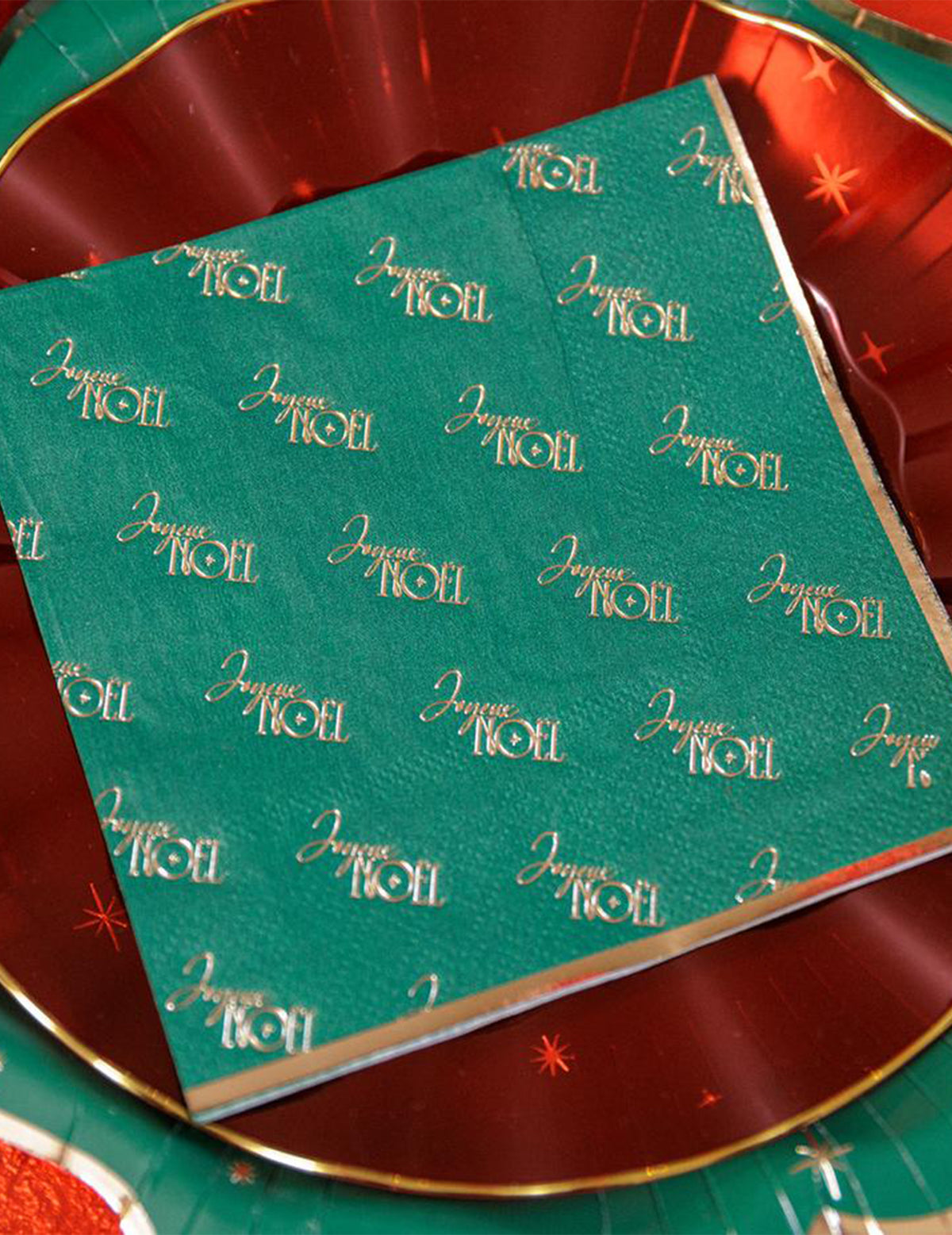 20 serviettes cocktail Joyeux Noël L'Intemporel vert anglais et or 24 x 24 cm