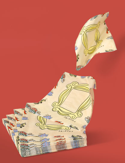 Mise en scène d'une serviette s'envolant du lot de serviettes en papier Friends