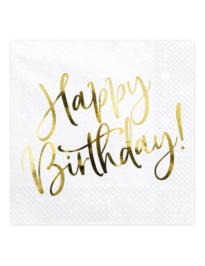 Serviettes en papier Happy Birthday pour anniversaire blanches et dorées