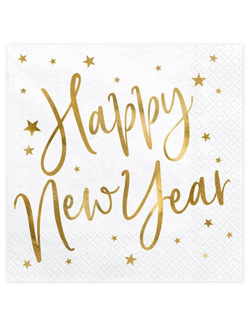 20 belo-zlatih papirnatih prtičkov z napisom "Srečno novo leto", 33 x 33 cm cm zvezda