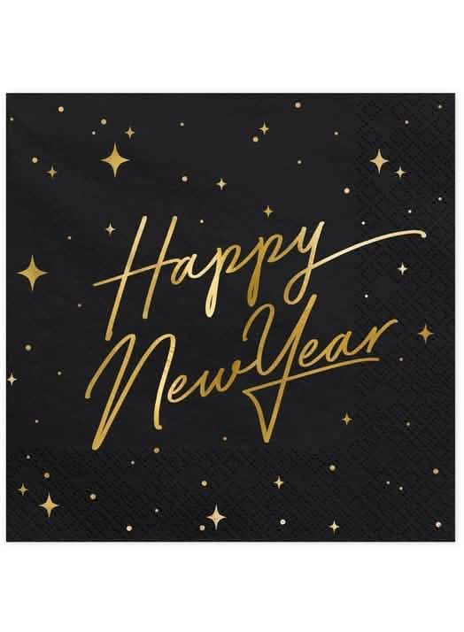 papirnati prtički Happy New Year črni in zlati z zvezdastim dekorjem