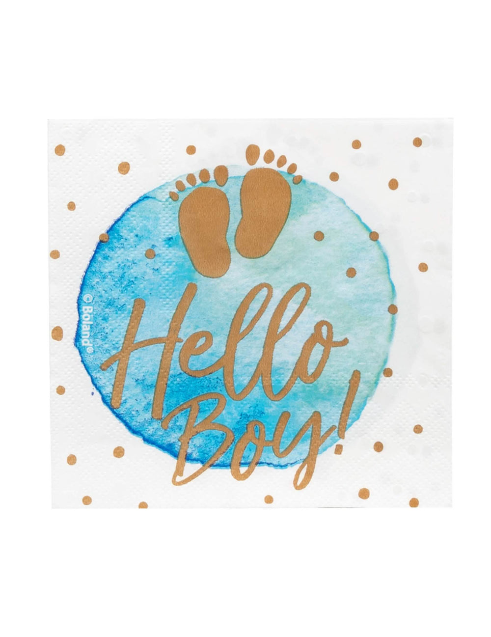 papirnati prtički hello boy za baby shower modra in zlata z odtisi stopal
