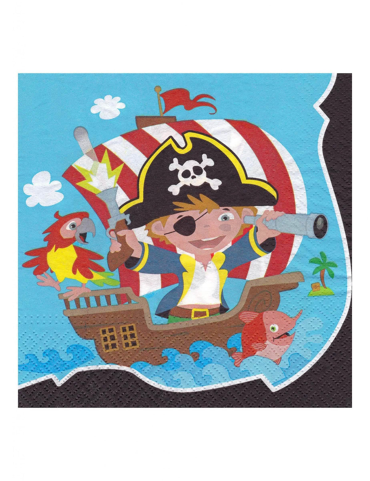 papirnati prtički pirati za rojstni dan otroka modri z ilustracijo ladje in papige