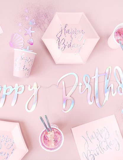 20 serviettes en papier roses happy birthday iridescent 33 x 33 cm pour fête