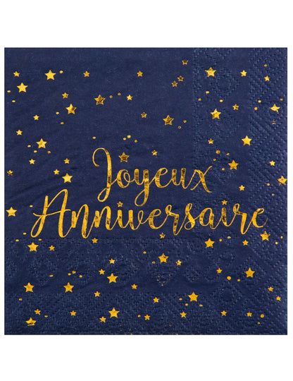Serviettes en papier Joyeux Anniversaire pour fête bleu marine et doré